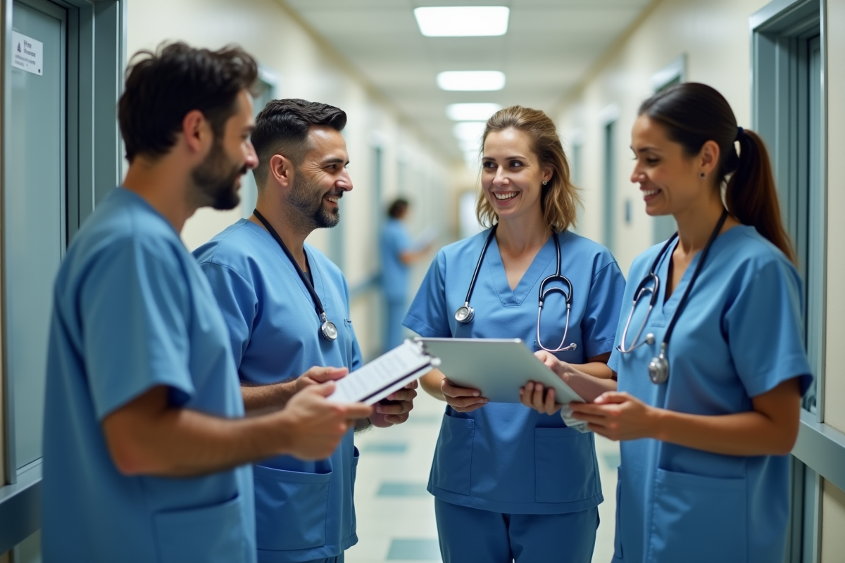 Groupe d infirmiers en discussion dans un hôpital moderne