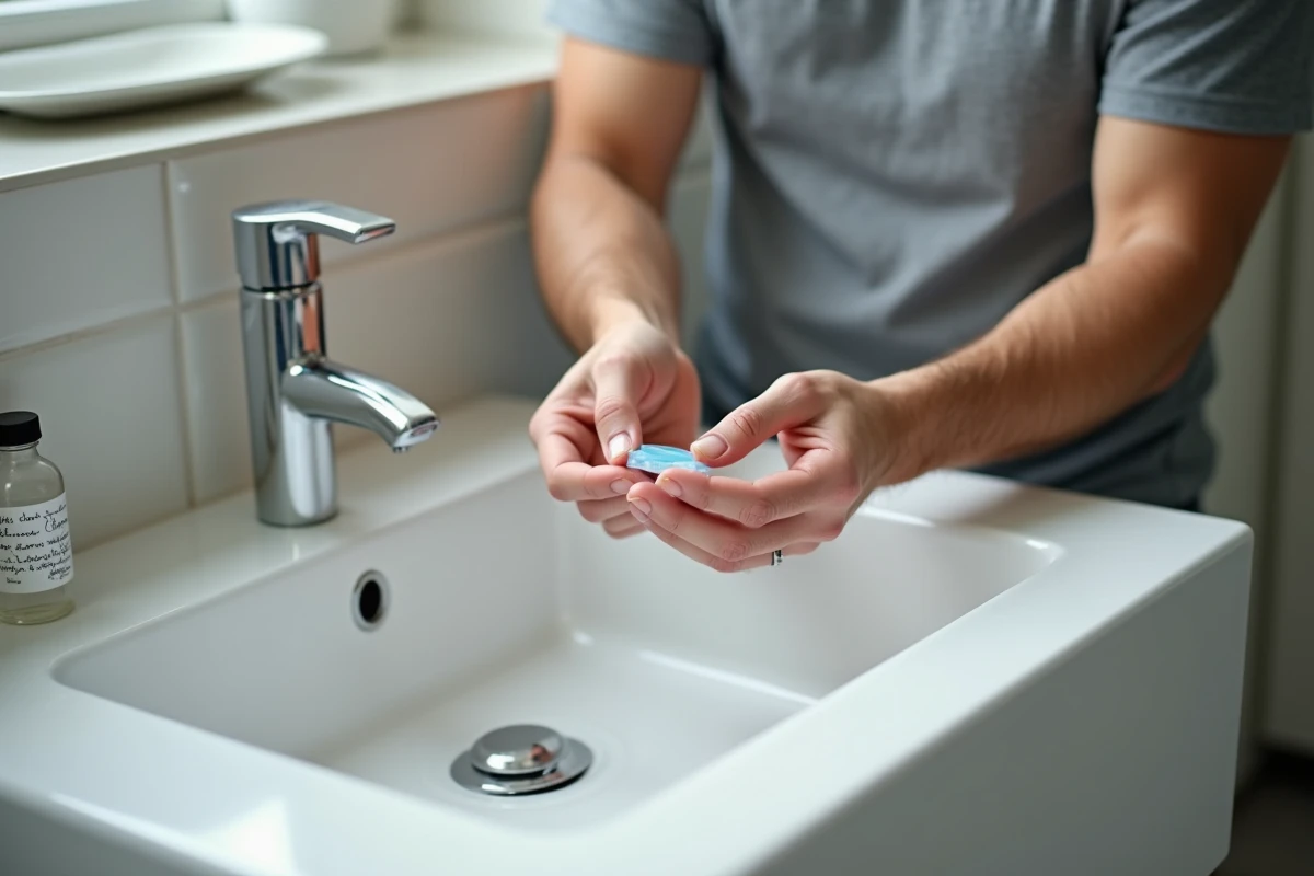 Mains masculines tenant un étui à lentilles de contact au-dessus d'un lavabo avec flacon de sérum physiologique fait maison étiqueté