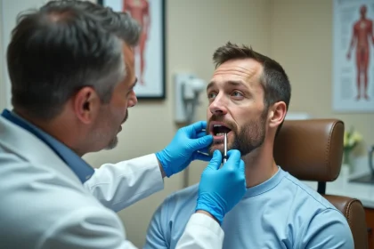 Médecin ORL examinant la cavité buccale d'un patient adulte avec un laryngoscope à fibre optique dans un cabinet médical moderne