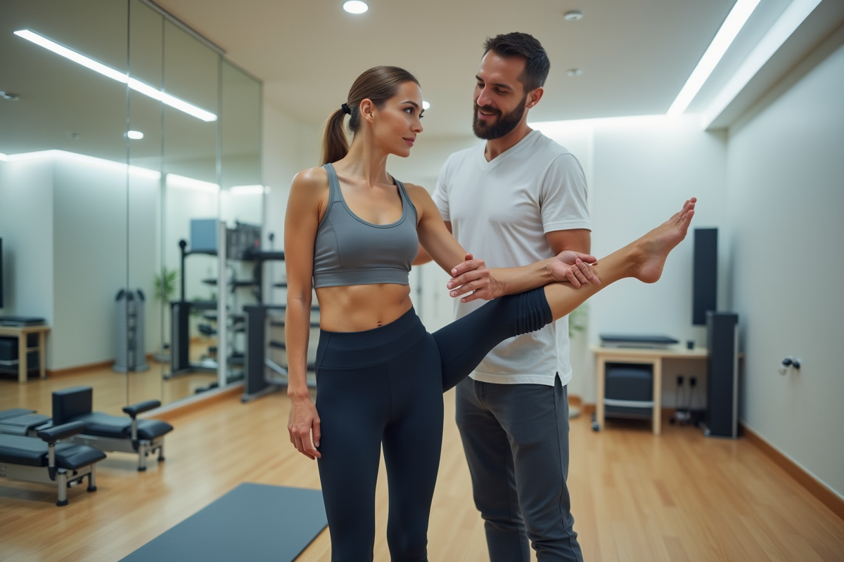 Femme en étirement guidée par un physiotherapeute