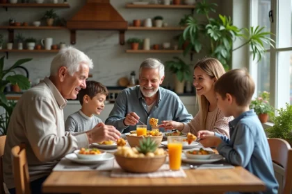 Famille multigenerational partageant un petit déjeuner sain