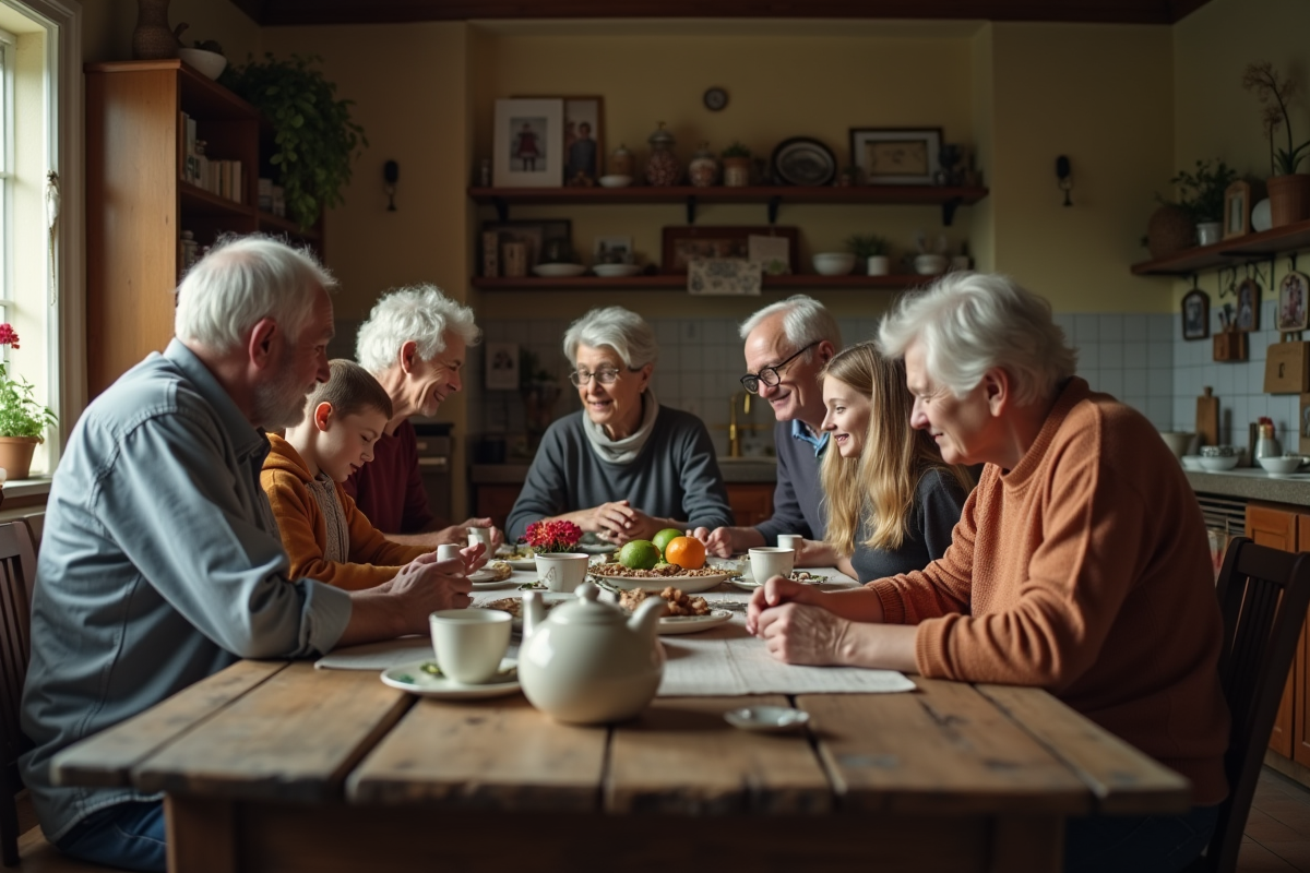 Famille multigeneration autour d une table rustique