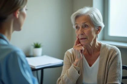 Femme âgée touchant sa mâchoire lors d'une consultation médicale, symptôme possible de cancer de la mâchoire