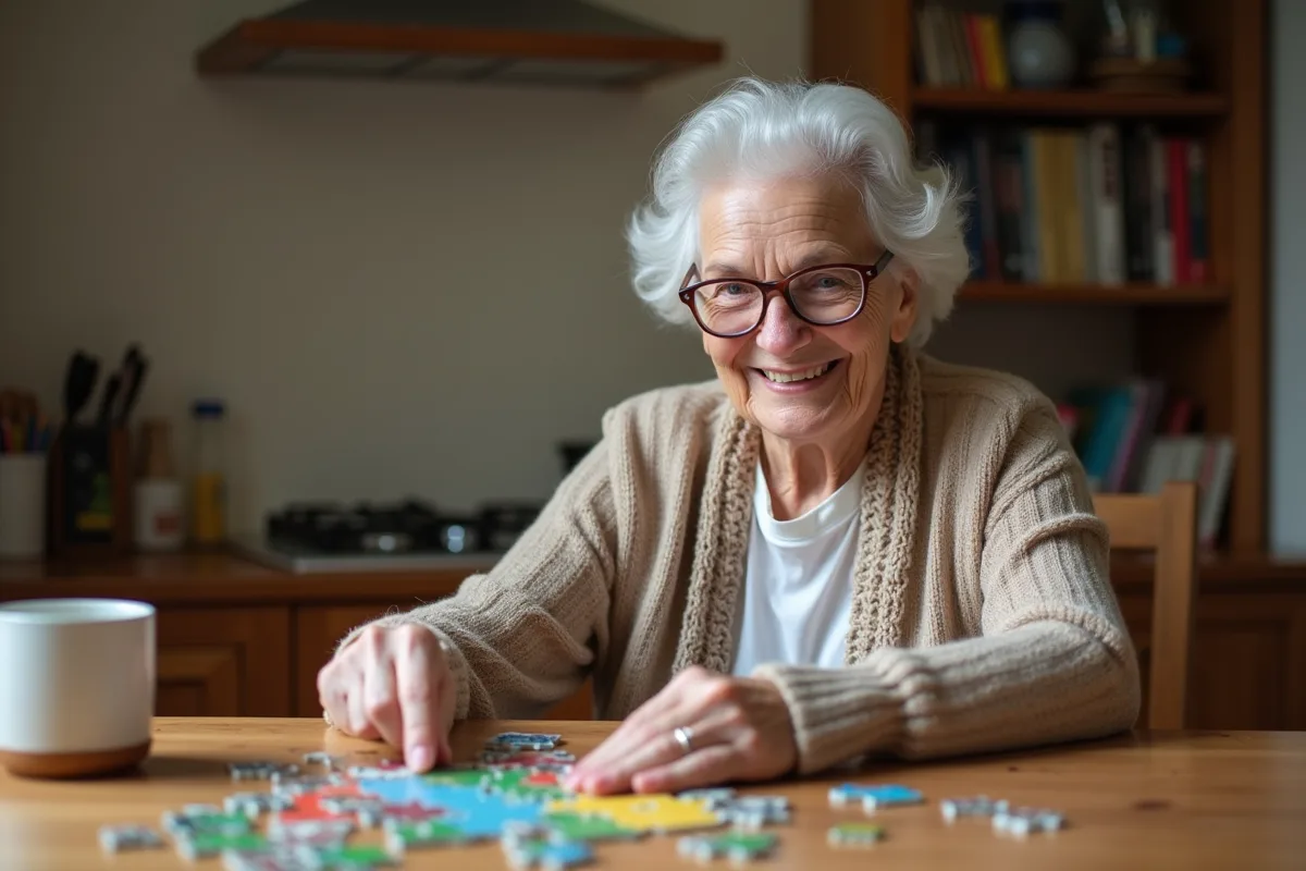 Femme âgée souriante assemble un puzzle coloré à la maison