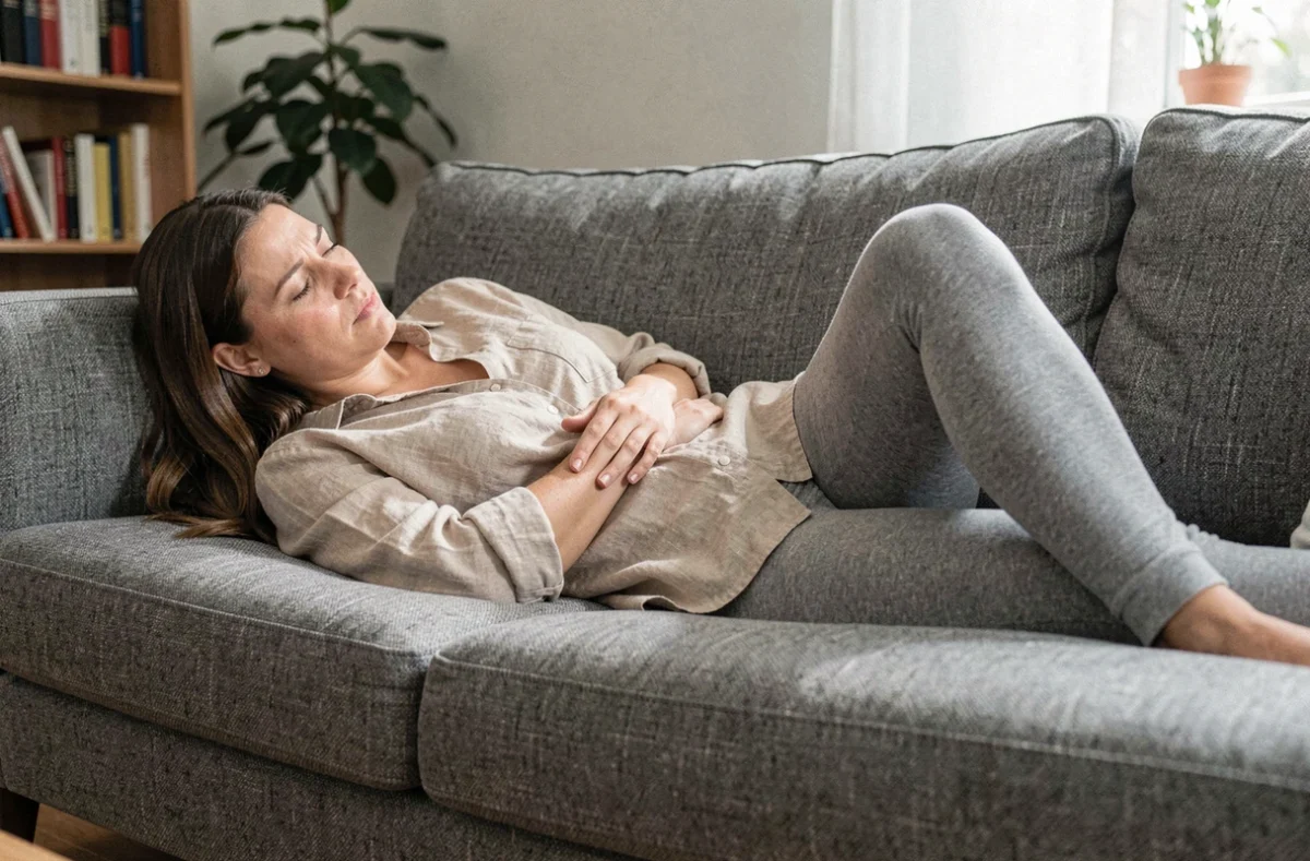 Femme allongée sur un canapé se tenant le côté droit sous les côtes en position de repos antalgique