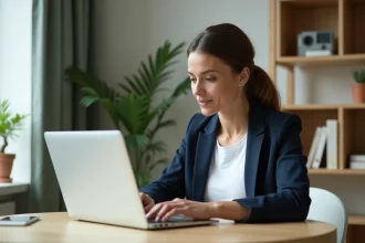 Femme analysant le prix de Reborn21 sur un ordinateur portable dans un bureau moderne en 2026