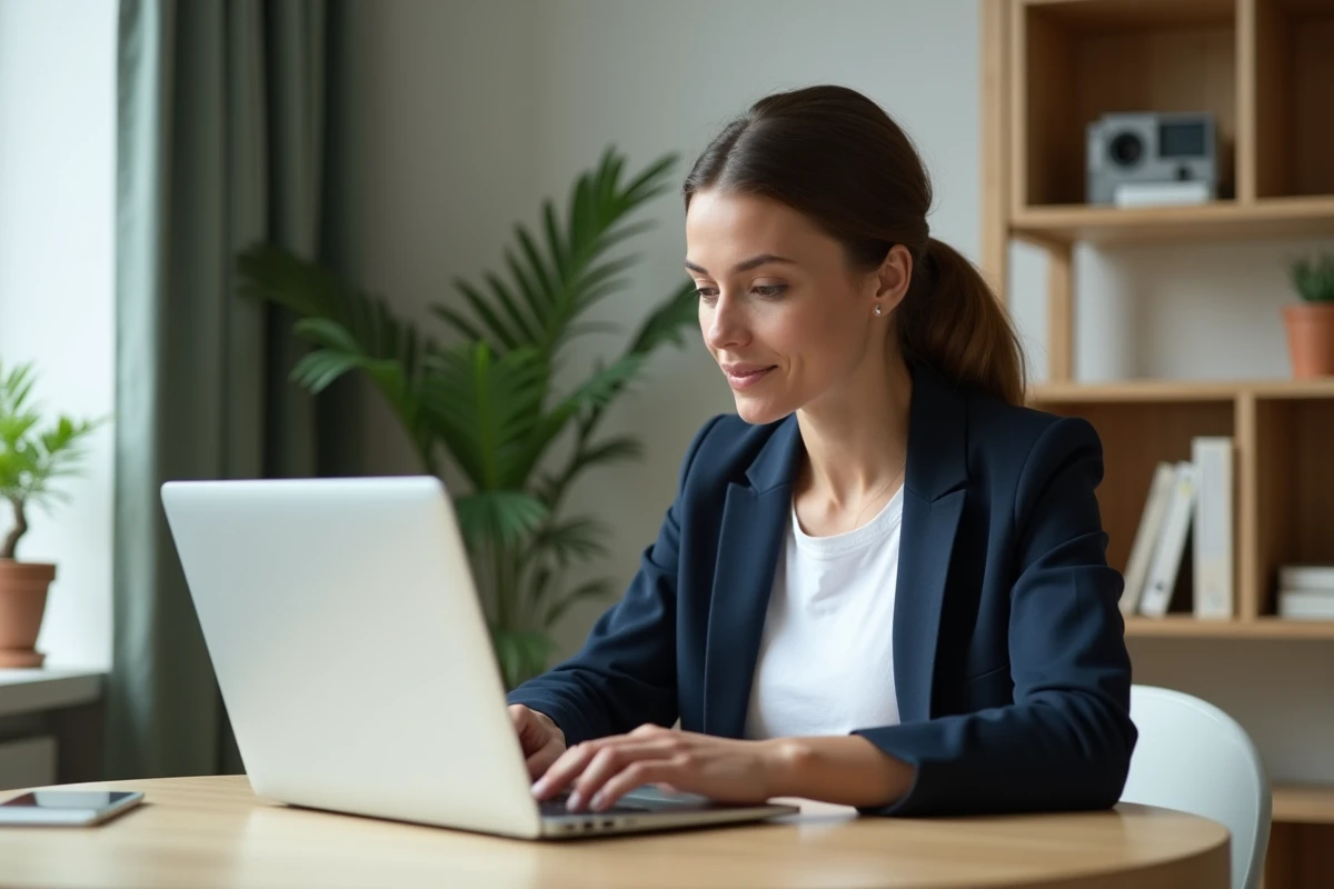 Femme analysant le prix de Reborn21 sur un ordinateur portable dans un bureau moderne en 2026