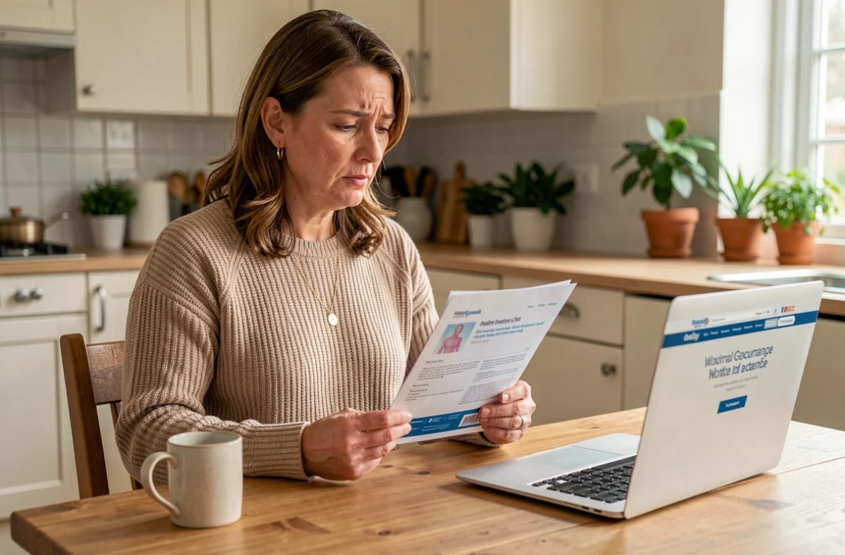 Femme à domicile consultant des documents médicaux sur un arrêt de travail dentaire et les démarches auprès de son assurance