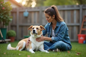 Femme tendant un chien dans un jardin en extérieur