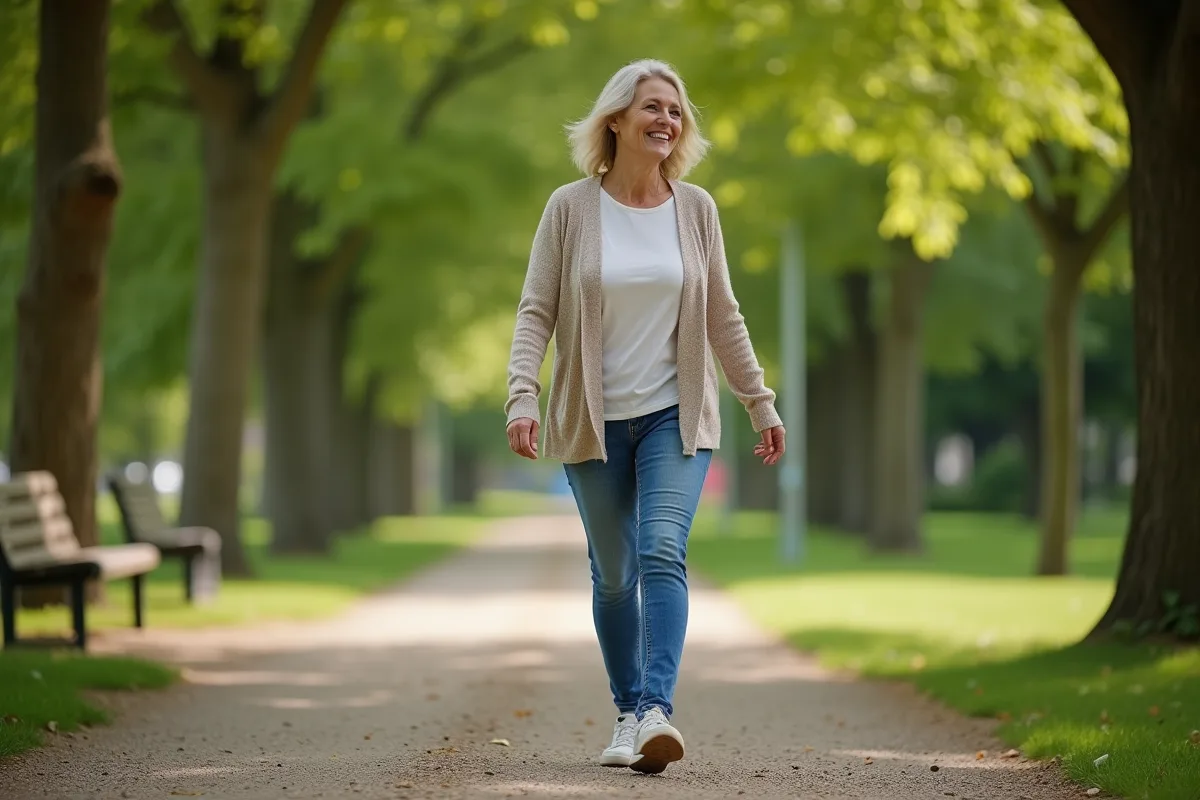 Femme de 62 ans marchant dans un parc verdoyant