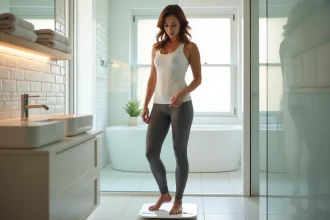 Femme mesurant son poids sur une balance numérique dans une salle de bain moderne, illustrant la notion de poids idéal à 1m60