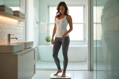 Femme mesurant son poids sur une balance numérique dans une salle de bain moderne, illustrant la notion de poids idéal à 1m60