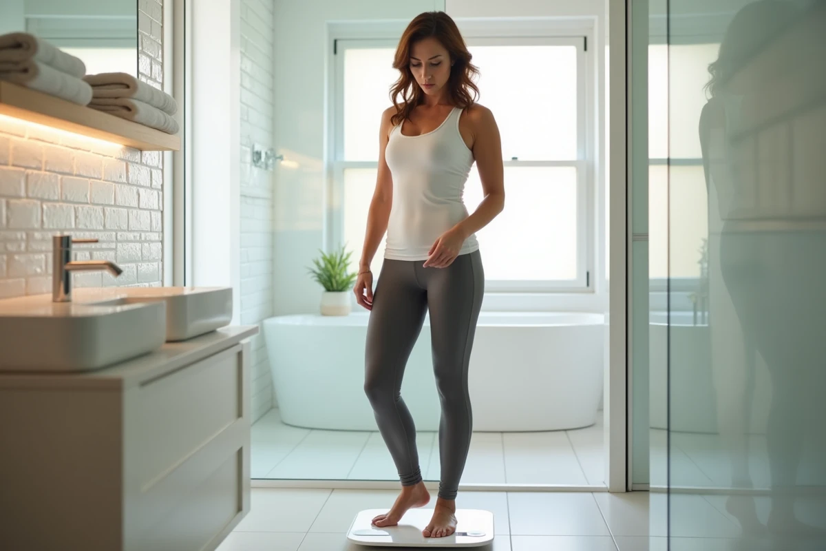 Femme mesurant son poids sur une balance numérique dans une salle de bain moderne, illustrant la notion de poids idéal à 1m60