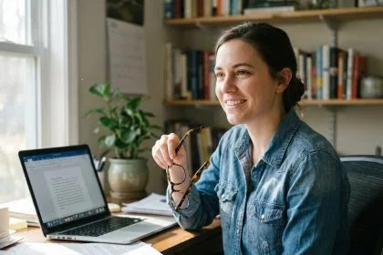 Femme souriante dans un bureau lumineux avec ordinateur
