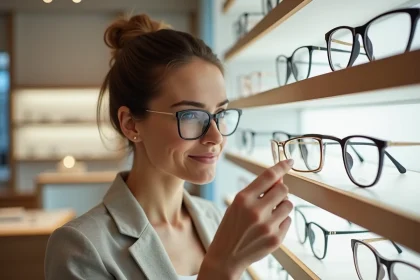 Femme choisissant des lunettes avec verres ZEISS dans une boutique d'optique moderne et élégante