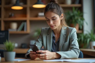 Femme utilisant une application de coaching sur smartphone au bureau
