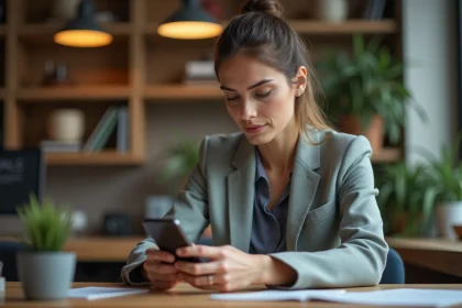 Femme utilisant une application de coaching sur smartphone au bureau
