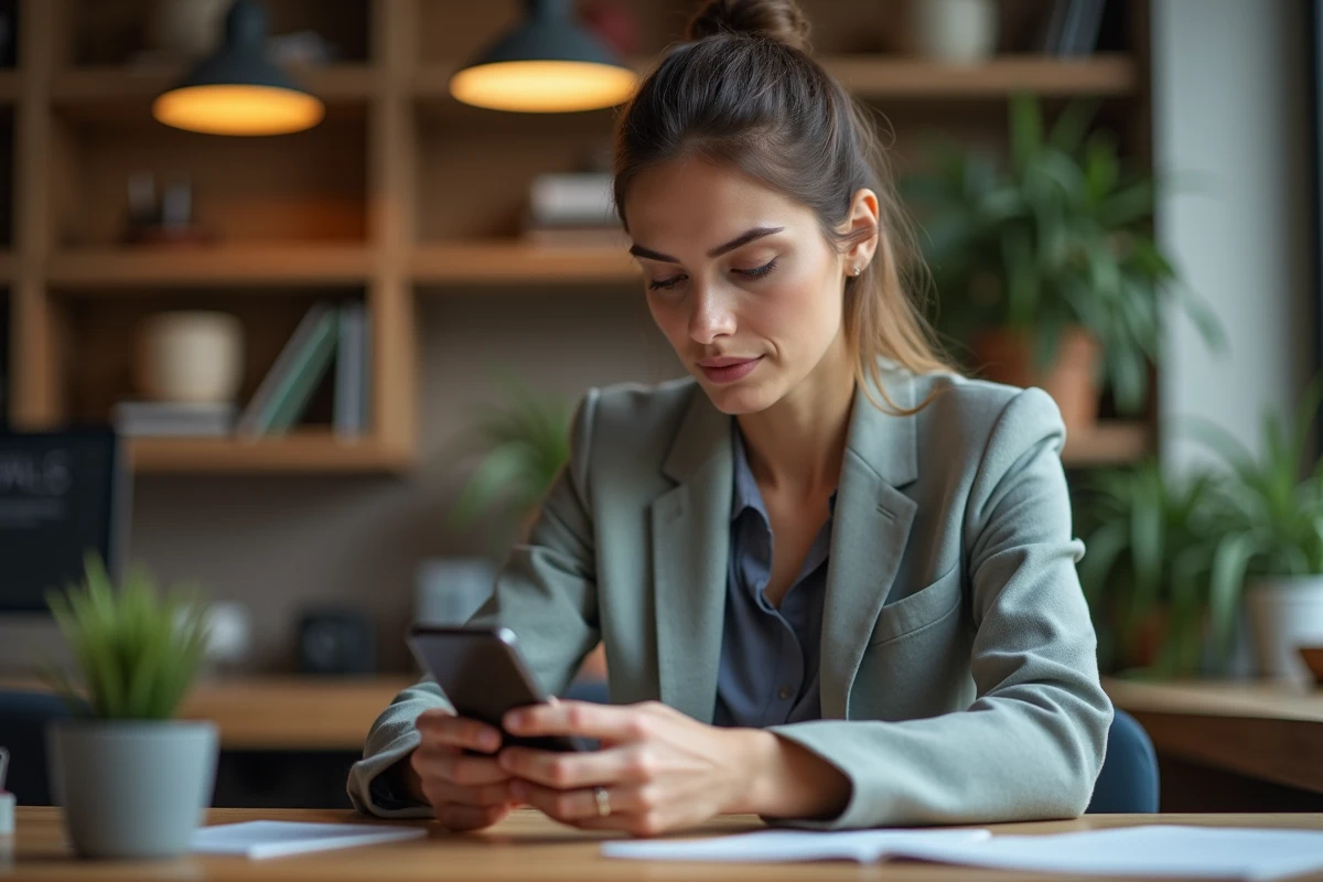 Femme utilisant une application de coaching sur smartphone au bureau