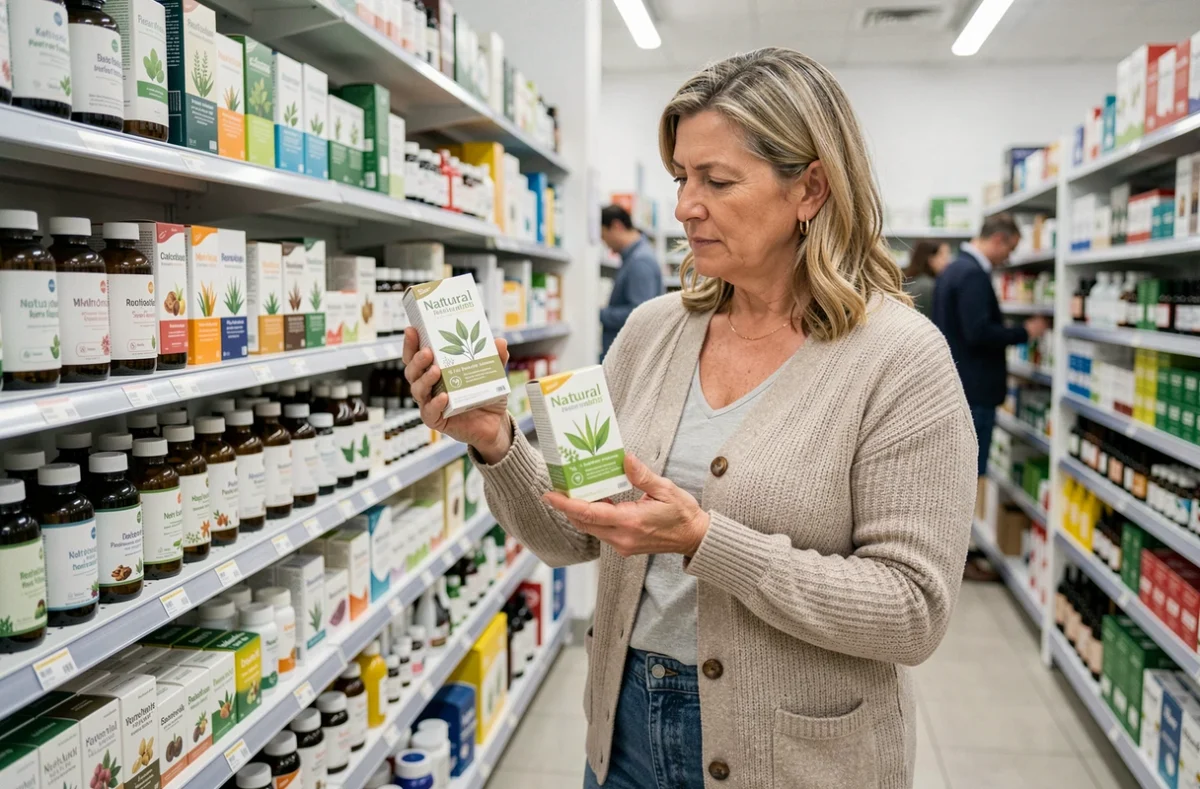 Femme comparant des boîtes de compléments phytothérapeutiques en pharmacie, illustrant le choix et la méfiance face aux produits de santé naturels