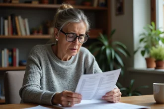 Femme d'âge mûr consultant son bilan sanguin avec un VGM élevé à domicile avant une consultation médicale
