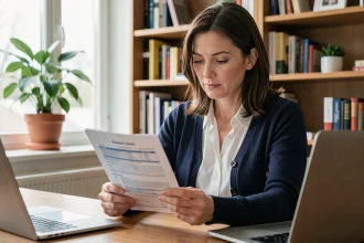 Femme consultant son contrat de mutuelle santé Ociane Matmut à son bureau à domicile
