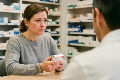Femme consultant un pharmacien au sujet d'un traitement à la cortisone et de son délai d'efficacité