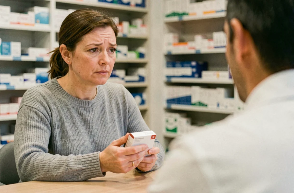 Femme consultant un pharmacien au sujet d'un traitement à la cortisone et de son délai d'efficacité