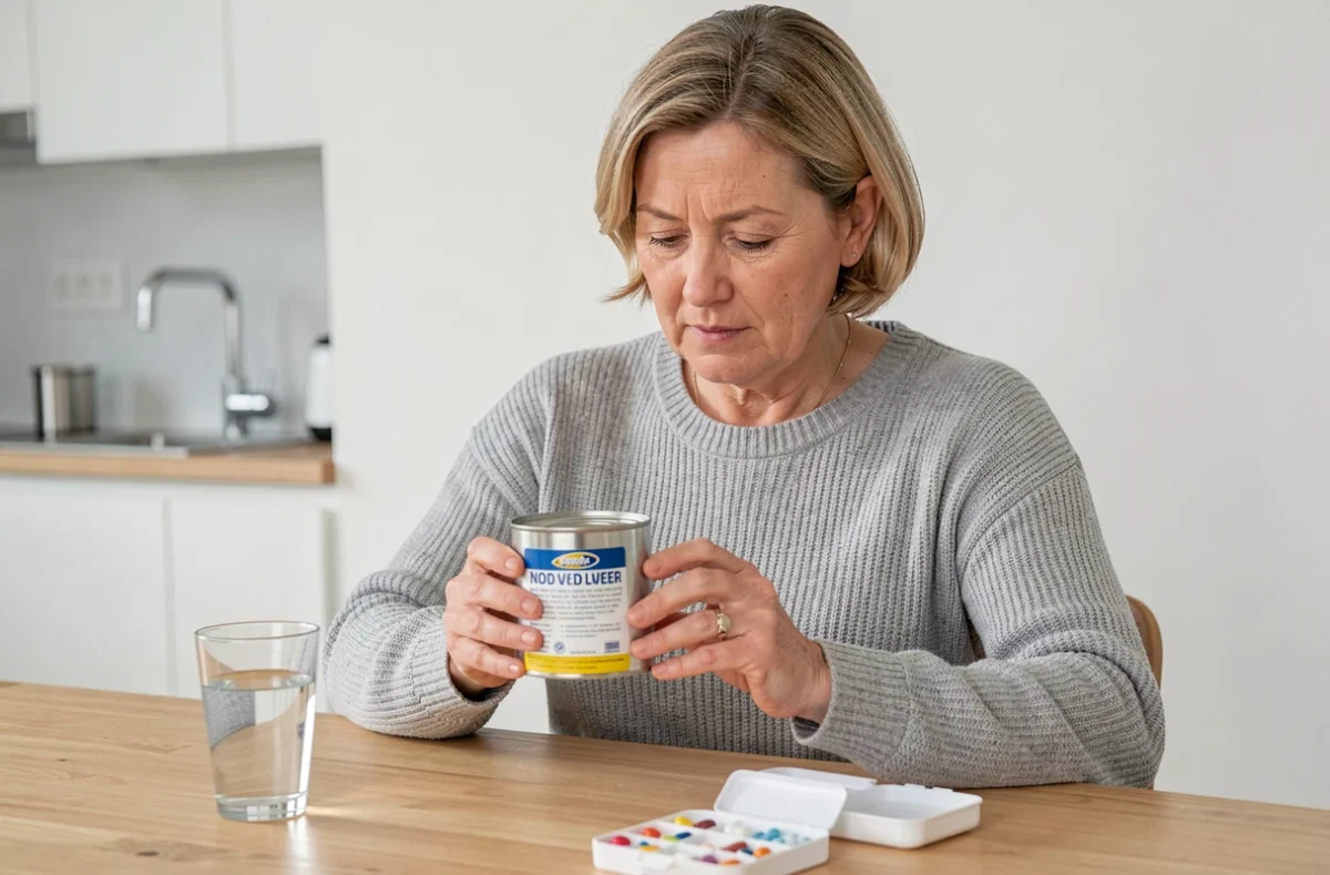 Femme d'âge mûr lisant l'étiquette d'une boîte de foie de morue avec un pilulier et un verre d'eau sur la table, illustrant les contre-indications médicamenteuses