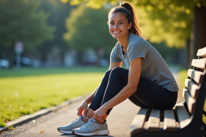 Femme souriante en tenue de sport avant course dans un parc