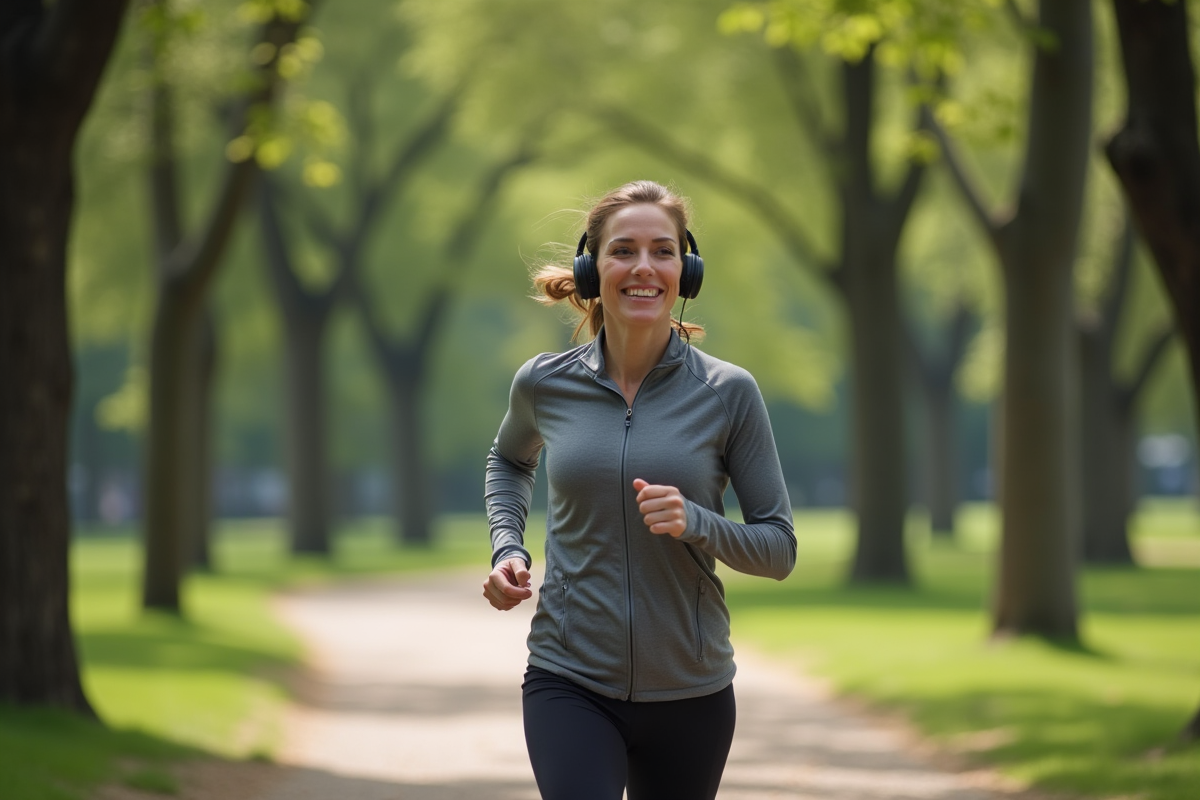 Femme d'âge moyen courant dans un parc verdoyant