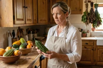 Femme en cuisine tenant une courge amère coupée en deux pour en vérifier la comestibilité avant cuisson