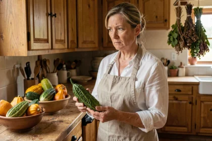 Femme en cuisine tenant une courge amère coupée en deux pour en vérifier la comestibilité avant cuisson