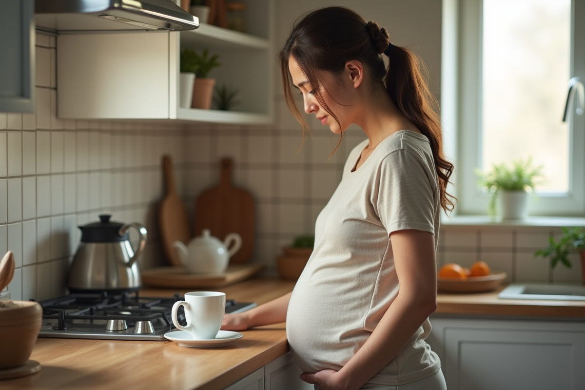 Femme enceinte préparant une tisane dans la cuisine