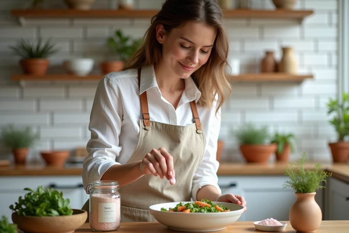 Femme qui assaisonne une salade avec du sel rose de l'Himalaya dans une cuisine moderne en bois