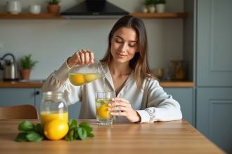 Femme en détente verse une limonade fraîche dans la cuisine