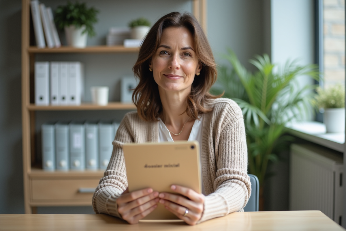 Femme en cardigan beige tenant un dossier médical dans un bureau moderne