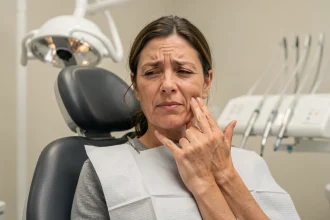 Femme en cabinet dentaire ressentant une douleur à la mâchoire après une dévitalisation dentaire