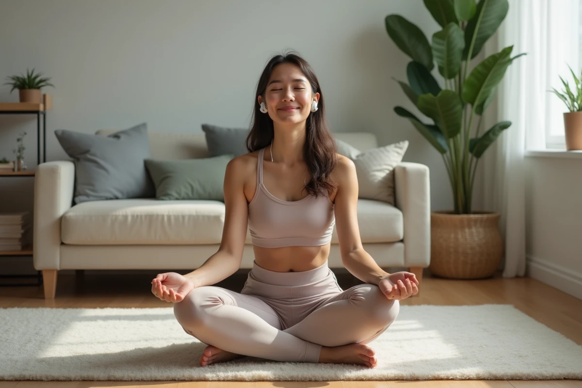 Femme assise en méditation avec écouteurs dans un salon paisible