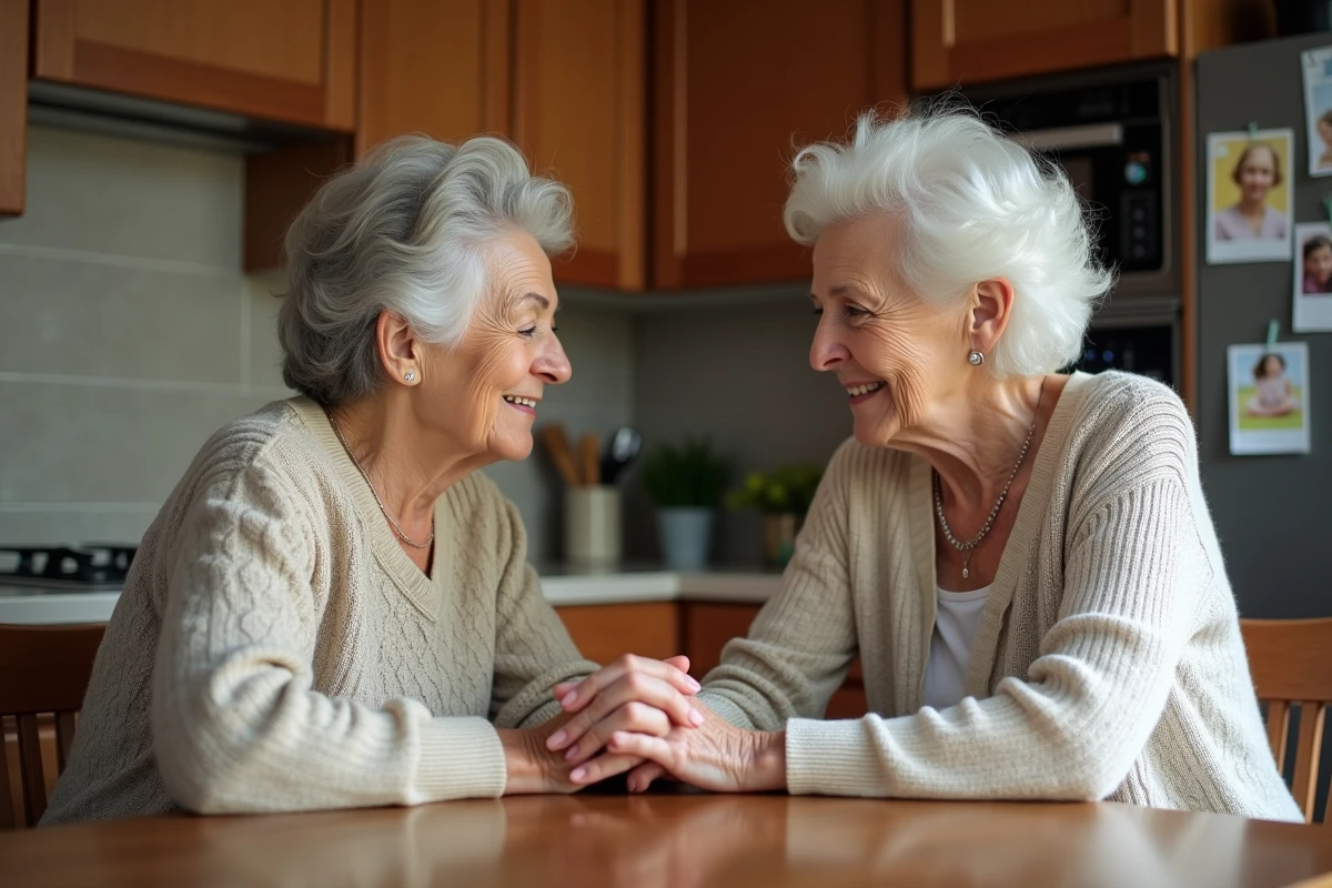 Femme âgée tenant la main de sa fille dans la cuisine
