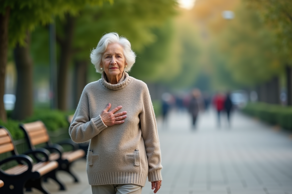 Femme âgée marchant dans un parc calme