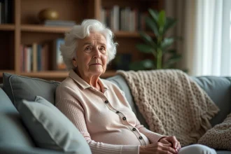 Femme âgée assise sur un canapé dans un intérieur chaleureux