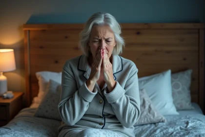 Femme en pyjama se tenant la bouche en toussant dans son lit
