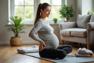 Femme enceinte assise sur un tapis de yoga tenant son bas du dos soulagée à la maison