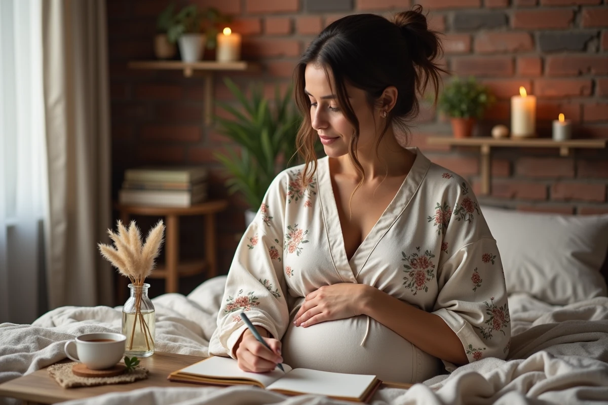 Femme enceinte écrivant dans son journal intime au bord du lit, pratiquant la visualisation positive pour favoriser de beaux rêves pendant la grossesse