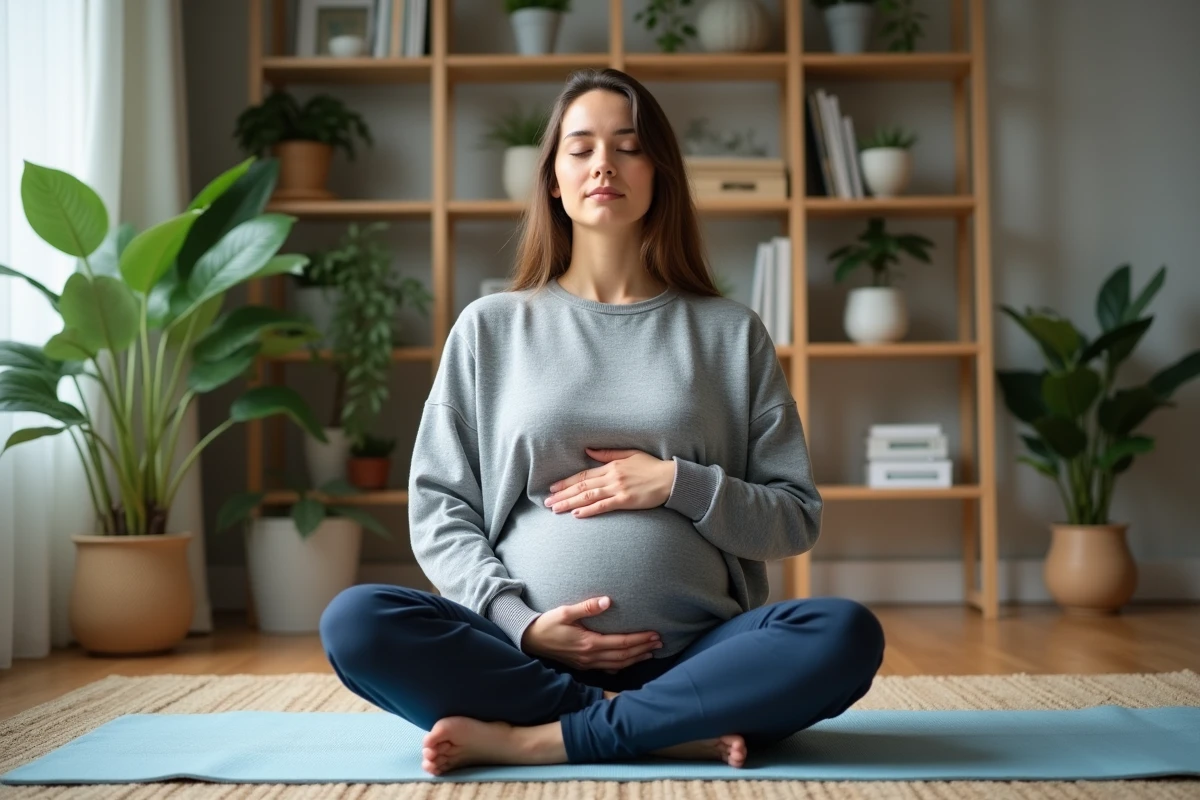 Femme enceinte en position de méditation sur un tapis de yoga dans son salon, favorisant des pensées positives et des rêves apaisants pendant la grossesse