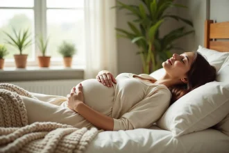 Femme enceinte allongée sereinement dans sa chambre, souriant paisiblement pendant son repos, illustration de rêves positifs pendant la grossesse