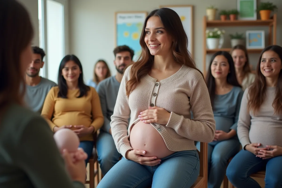 Femme enceinte en classe prénatale entourée de futurs parents