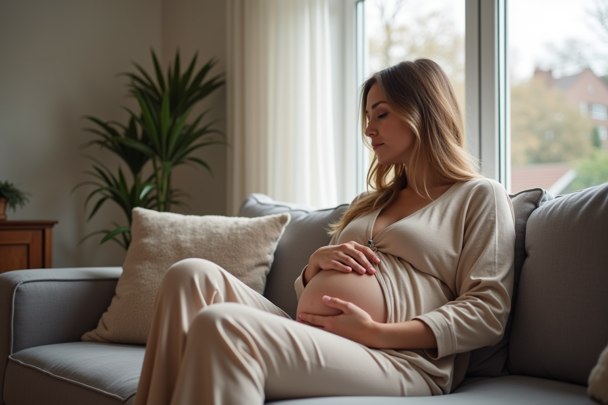Femme enceinte assise sur un canapé dans un salon calme