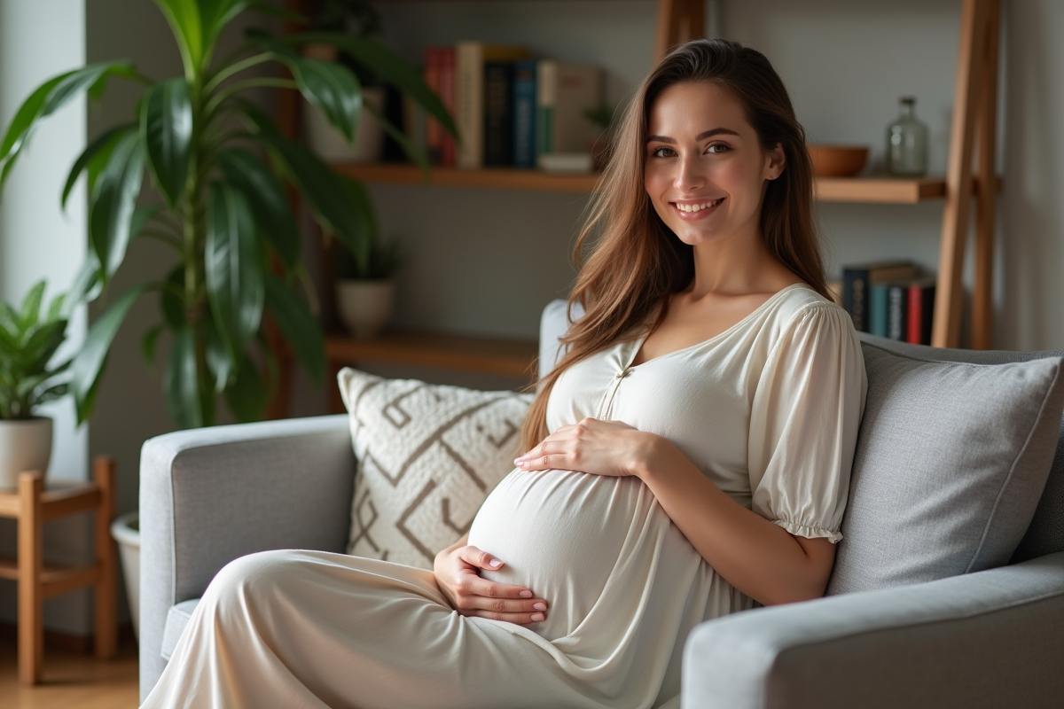 Femme enceinte souriante dans un salon chaleureux