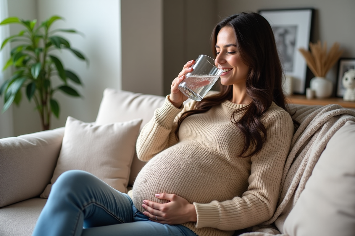 Femme enceinte souriante buvant de l'eau dans le salon